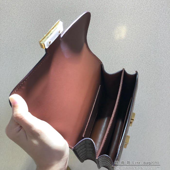HERMES愛馬仕 康康18cm alligator crocodile 美洲鱷 頂級工藝 蠟線手縫 蜜糖棕 金扣  Ama1517